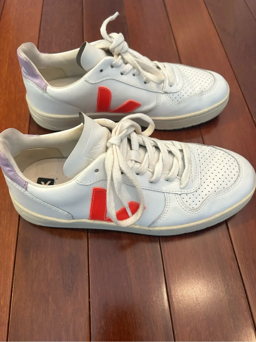 Veja White Leather Sneakers with Red Coral V Accent